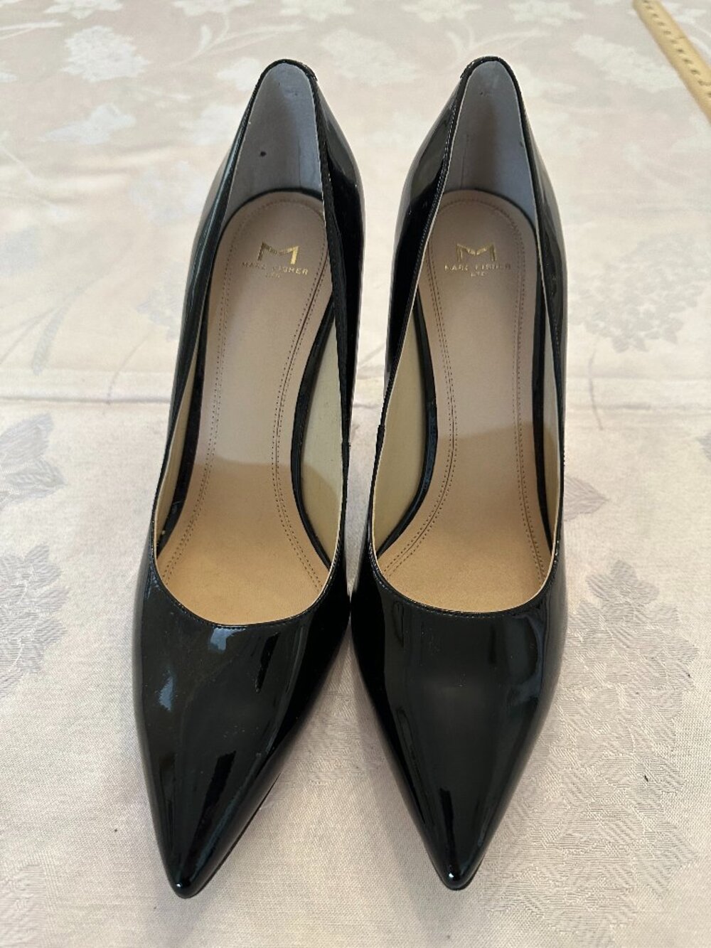 Marc Fisher LTD 9.5 Black Patent Pointed Toe Clear Block Heel Pumps
